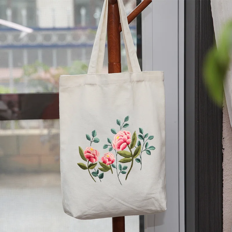 Embroidery Kit Canvas Tote Bags with Floral Patterns DIY Canvas Bag Cross Stitch Kits Included Bamboo Embroidery Hoops  Tools