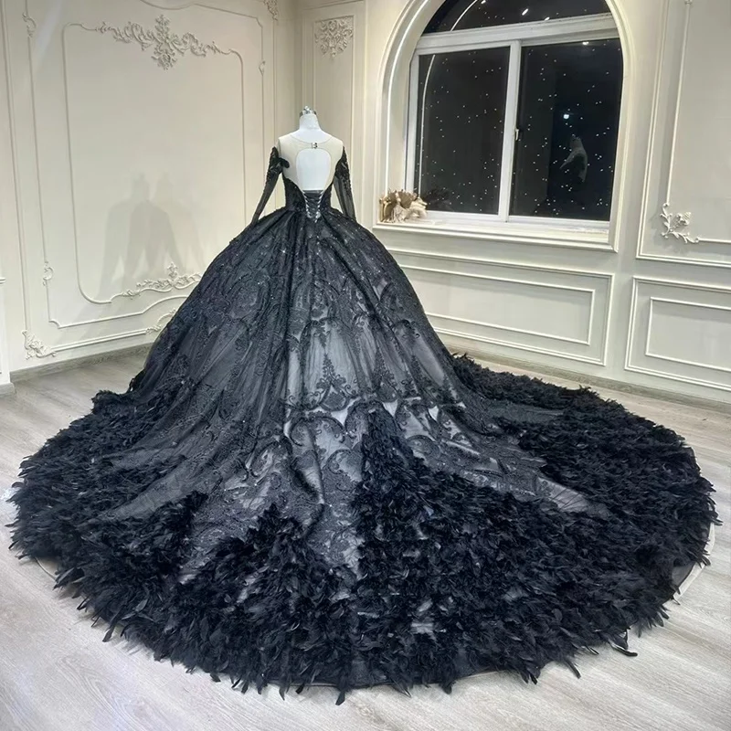 Black feather embellished large tail dress dinner long dress  wedding dress long sleeves