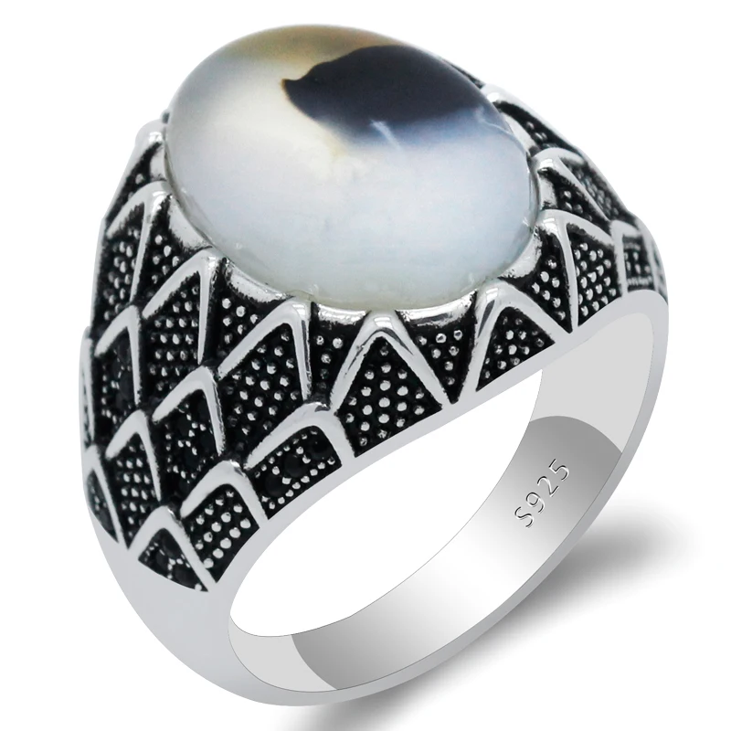 925 Sterling Silver Men Ring with Natural Agate Stone Turkish Ring Man Silver Jewelry Wholesale Price