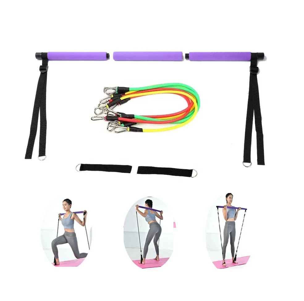 Home Fitness Indoor Portable 3 section high resistance pro yoga pilates indoor fitness bar kit exercise bar with resistance band