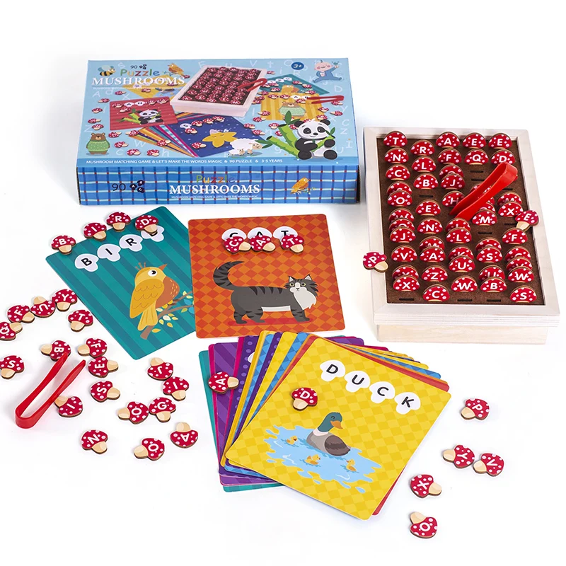 2024 Multi-functional children mushroom group word game puzzle early education Pinyin card kindergarten brain  wooden toys