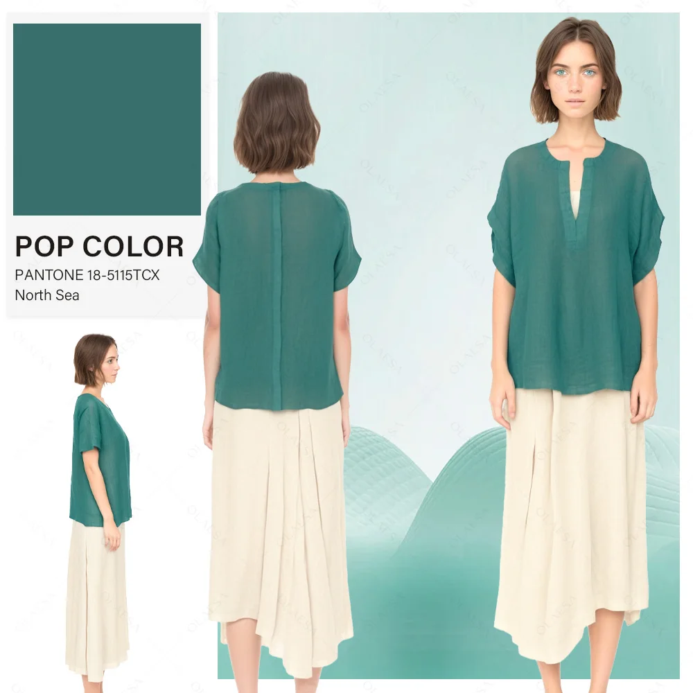 ODM Designer Mint Cap Sleeve Elegant Linen Ruffles Formal Casual Top For Ladies