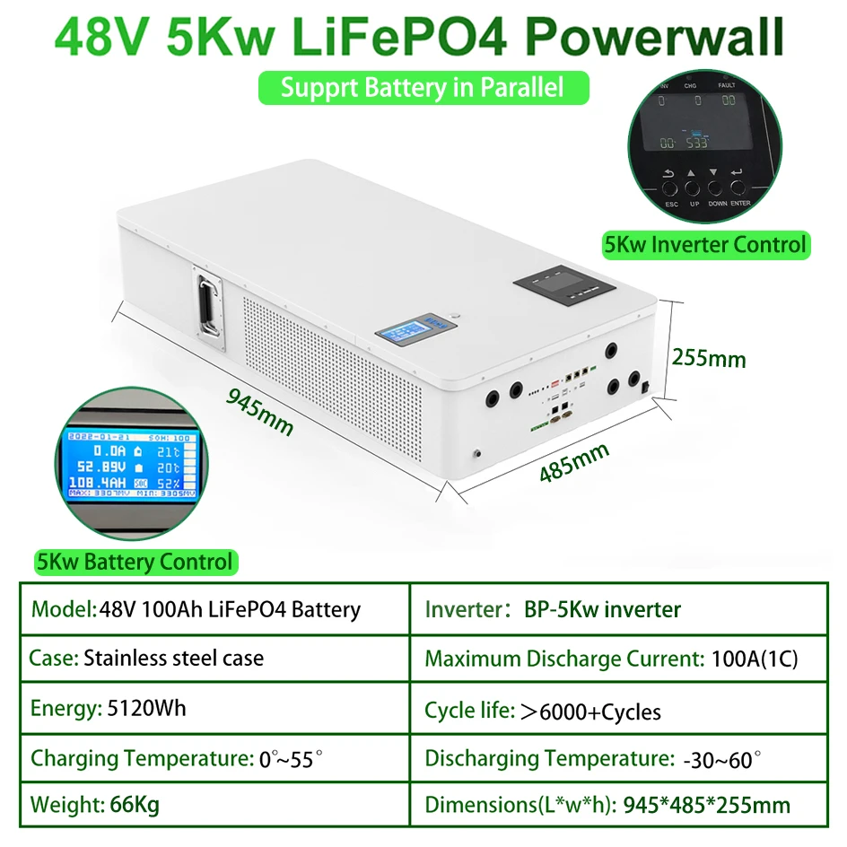 2 IN 1 PC Monitor 6000 Deep Cycles Built-in 5Kw Inverter 48V 100Ah Energy Storage Battery 5.12Kw Powerwall Battery 48V Powerwall