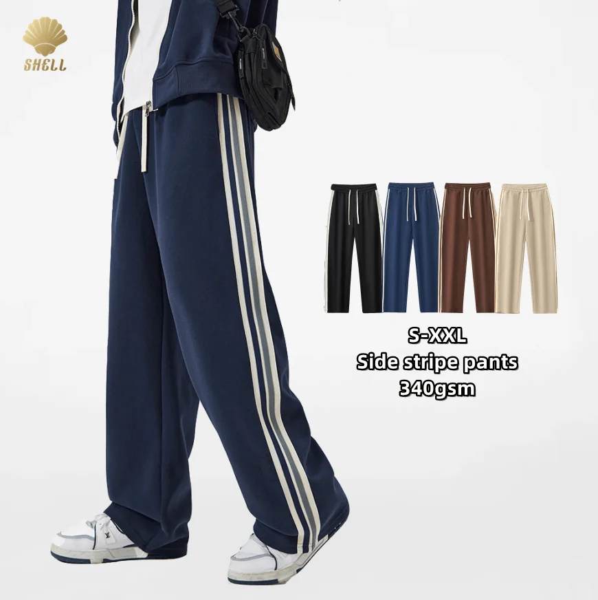 CNSHELL 340GSM хлопок темно-синий патч сбоку полоска повседневные широкие брюки прямые контрастные цвета Джерси мужские для отдыха
