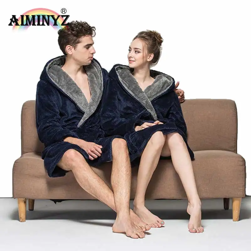 AIMINYZ Hotsale Winter Lover Couple Flannel Soft Warm Long Hooded Robes Nightgown Home Clothe Bath Robe Dressing Gowns For Adult