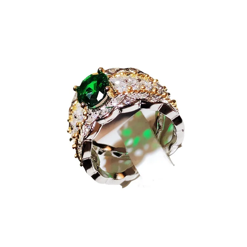 Dropshipping Italian retro palace style hollow pattern two-color gold high set jewelry lace emerald pigeon egg ring R291
