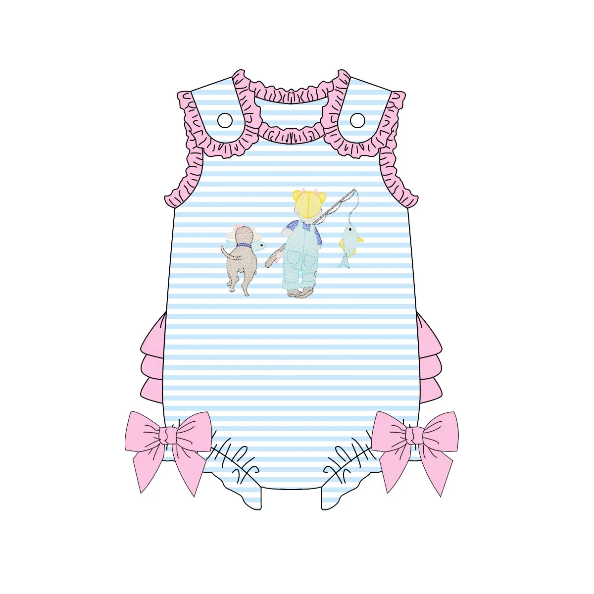 Puresun newest fishing embroidery baby girl clothes knit striped fashion sleeveless wholesale baby clothing summer sets