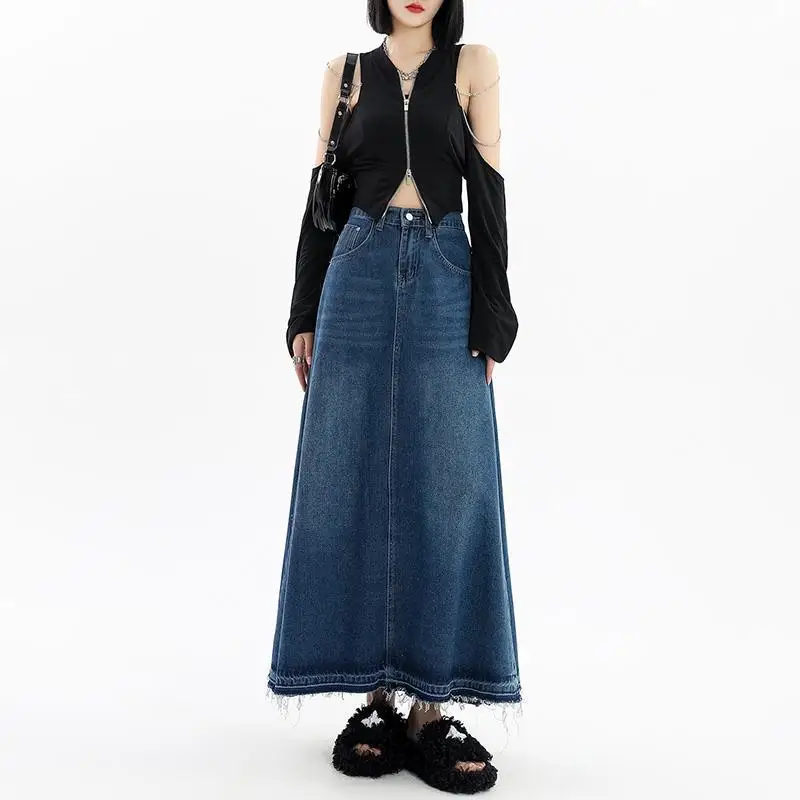 2023 New Fashion Long Maxi Denim Jeans Skirts For Women XS-XXL High Waist Big Hem Spring Summer A-line Tassels