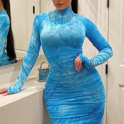 Reaqka Tie Dye Print Fashion Long Sleeve Bodycon Clubwear Midi Dress for Women Wholesale
