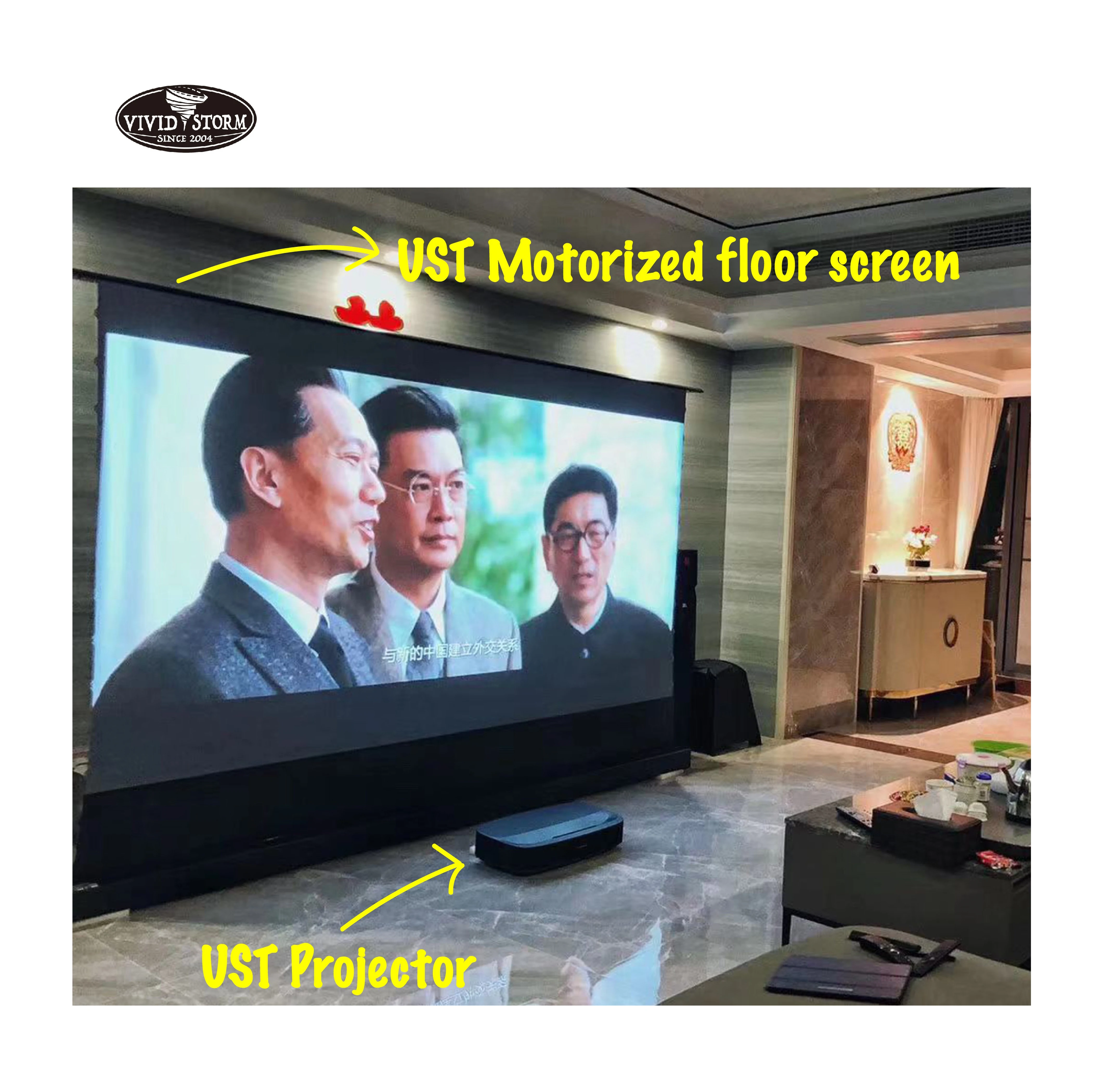 VIVIDSTORM 2pcs 100 inch projector screen motorized floor screen for UST Laser Projector motorized 4k HD home cinema screen