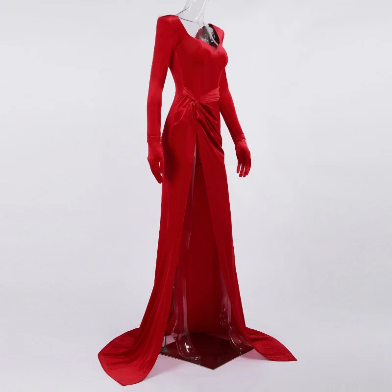 Womens Luxury Evening Dresses Party Wear Velour Ruched Red Gown Long Sleeve Front Slit Shoulder Padded Velvet Sexy Maxi Dress