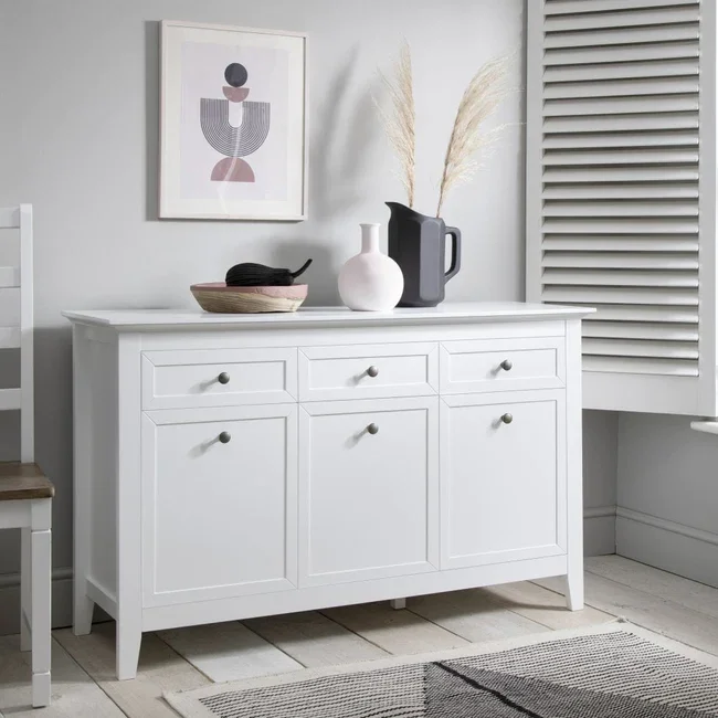 Modern Vintage OAK Wood Credenza Cabinet With Drawers In Classic White Kitchen Sideboard With Hutch