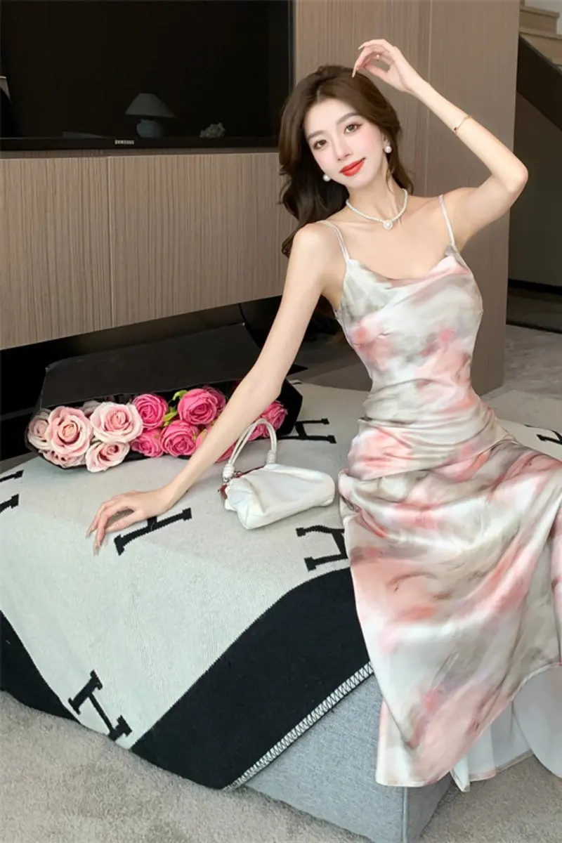 Summer Sweet Swinging Collar Casual Maxi Dress For Women Sleeveless Printed Floral Silk Dress