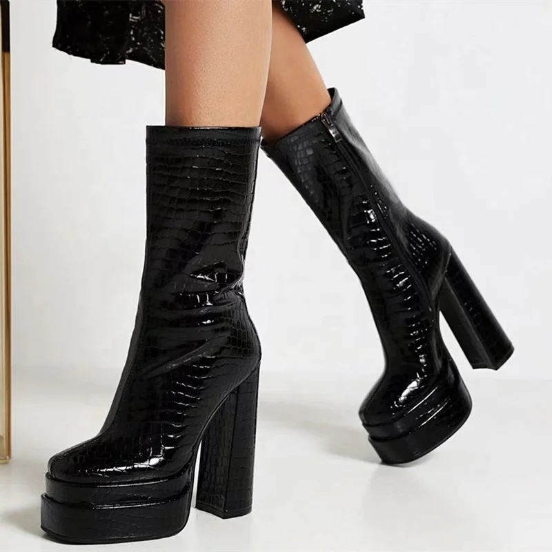 Winter Anti-cold High Toe Platform Boots Stone Print PU Patent Leather Square Toe Black High Heel Ankle Boots for Women Zip 43