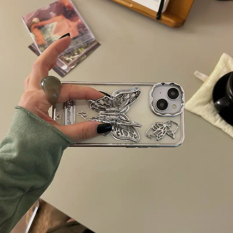 INS Electroplate butterfly Stand phone case For iPhone 15 Pro max 14pro 13 12 cover butterfly bracket case