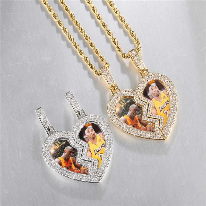 Hip Hop Memory Picture Pendant Custom Diamond Broke Heart Medallions Iced Out Heart Photo Pendant For Women and Men