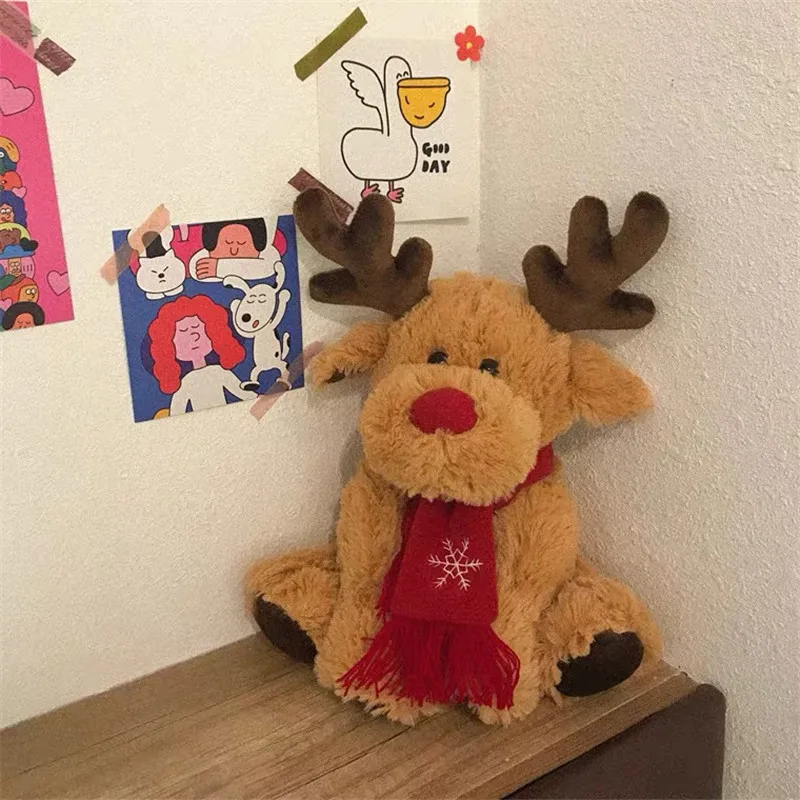 New Xmas Moose Deer Plush Toys With Red Scarf Embroider Cute Stuffed Animal Elk Soft Toy Reindeer Christmas Cartoon