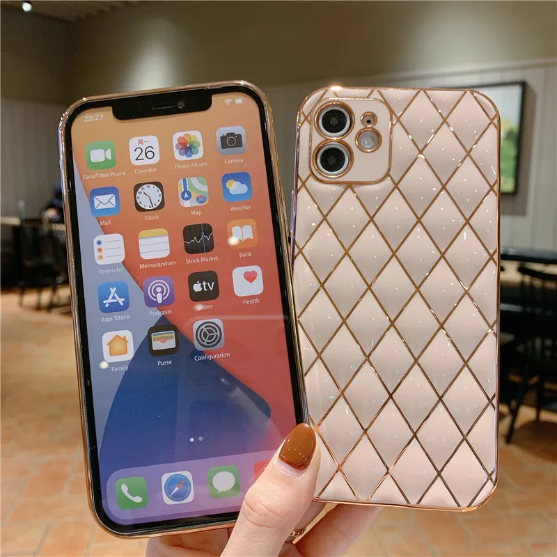 Electroplated Radium Carved 3D solid color rhombus TPU Cover Smart Phone Cases For Iphone Series