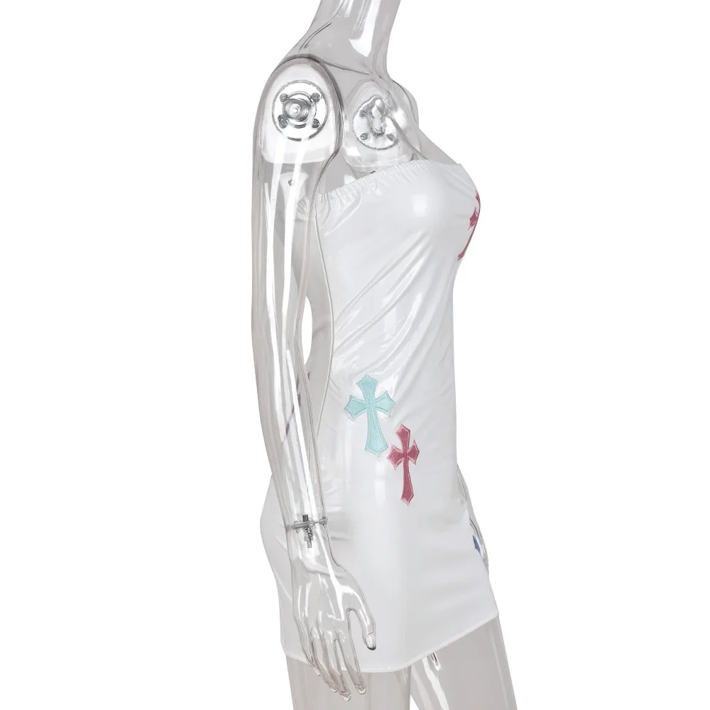 Embroidered Cross Pattern Tube Sleeveless Mini Women Street Sexy Dresses Summer