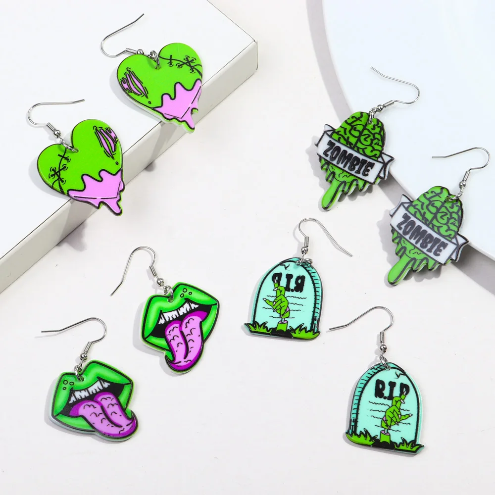 Wholesale new Halloween Zombie dripping blood Heart Lip Tongue Brain fluorescent green hiphop Drop Earrings acrylic for women