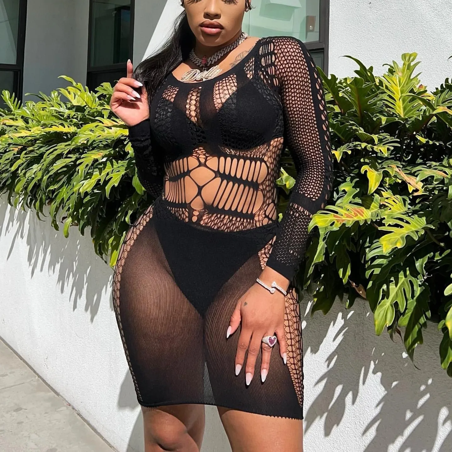 2022  Women Plus Size Night Club Clothing See Through Black Mesh Hole Lace Fabric Dress Hollow Out Long Sleeve Sheath Dress