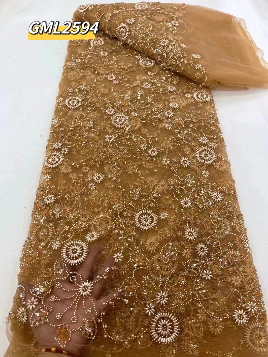 Harvest hot sale products heavy beads sequins luxury bridal lace fabric for weddings dress pure white beaded lace sequin fabric