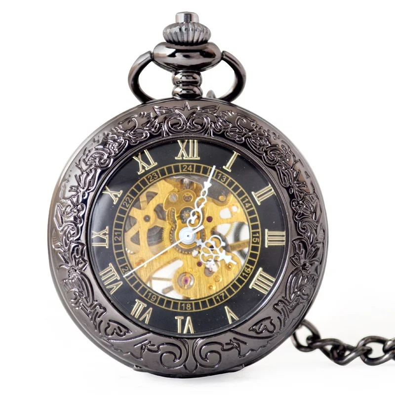Wholesale Antique Skeleton Black mechanical watches Hand Winding Retro Roman pocket watch