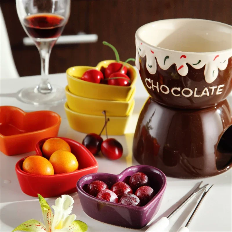 Amazon Hot Sell Ceramic Fondue Pot Set Home Cooking DIY Glazed Ceramic Fondue Pot For Cheese or Chocolate