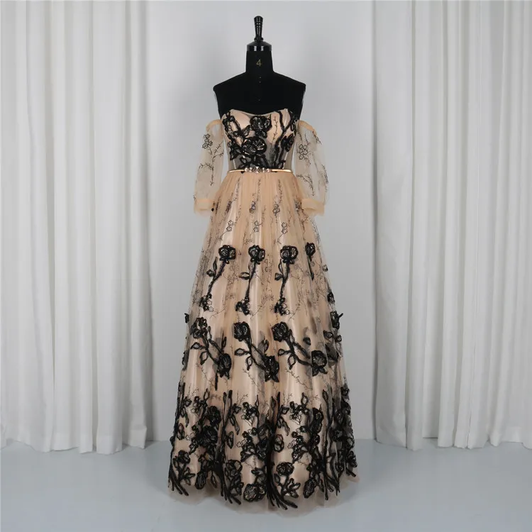 
High Quality Vintage Flower Embroidered Lace Ball Dresses Prom Beaded Dresses Off Shoulder Evening Dress 