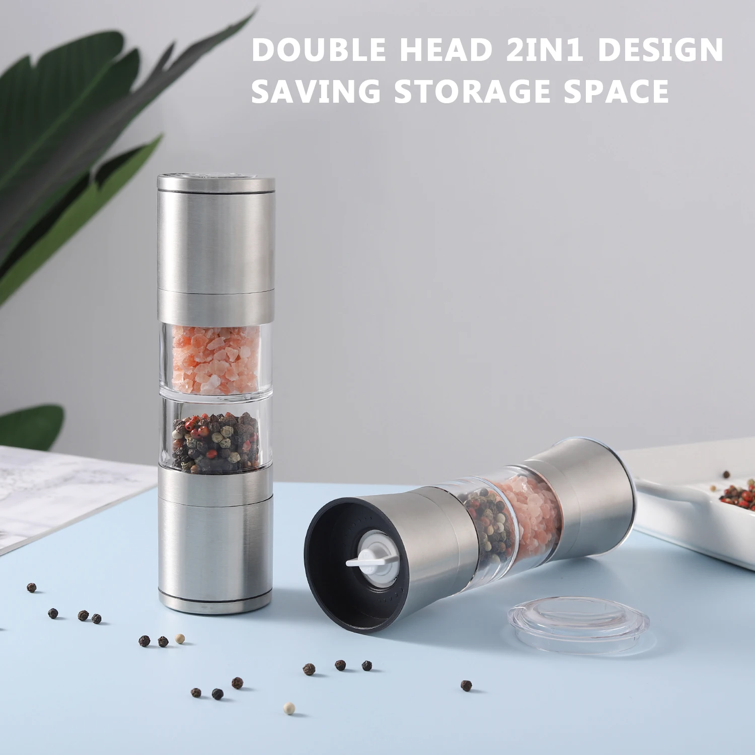 LFGB Stainless Steel Salt and Pepper Grinder 2 in 1 Salt and Pepper Set Adjustable Manual Salt and Pepper Grinder