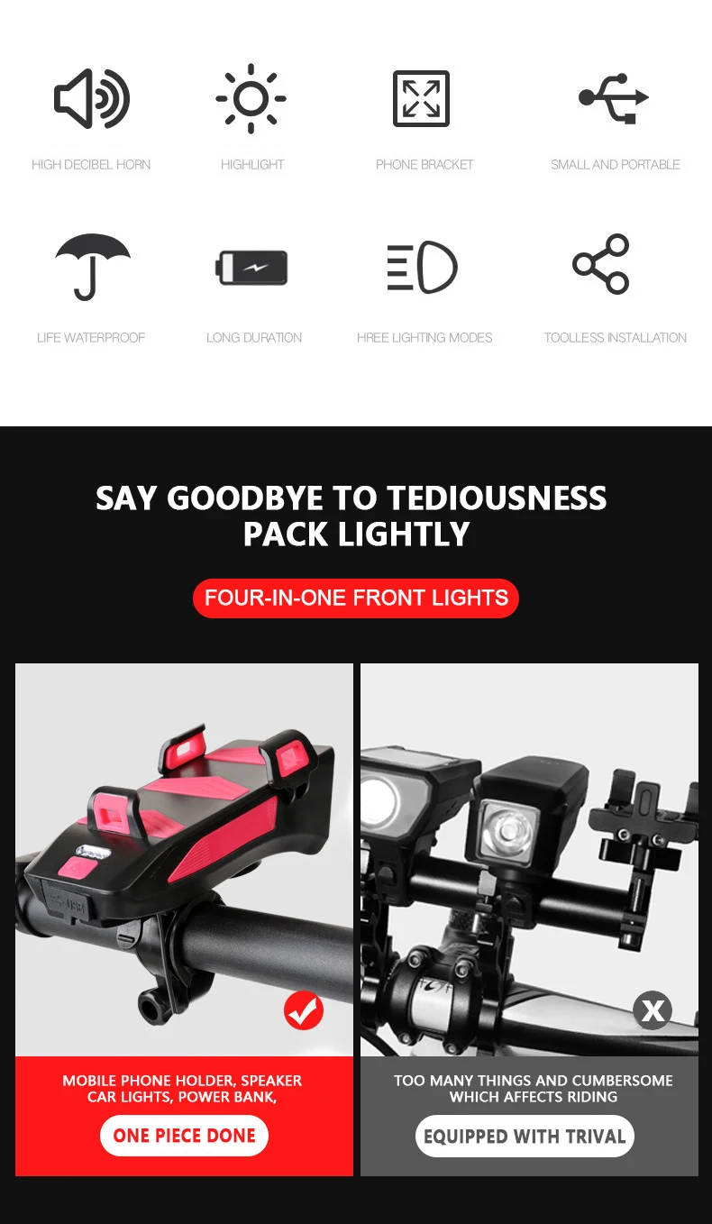 2000AH and 4000AH battery capacity USB mobile phone holder power bank bicycle bike front LED lamp light