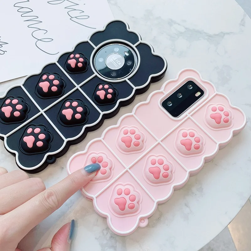 Cartoon 3D Cute Cat paw Bubble Stress Reliver Silicon Case For Huawei Mate 30 40 Pro P30 P40 Lite Nova 5T 6 SE 7 8Pro Back Cover