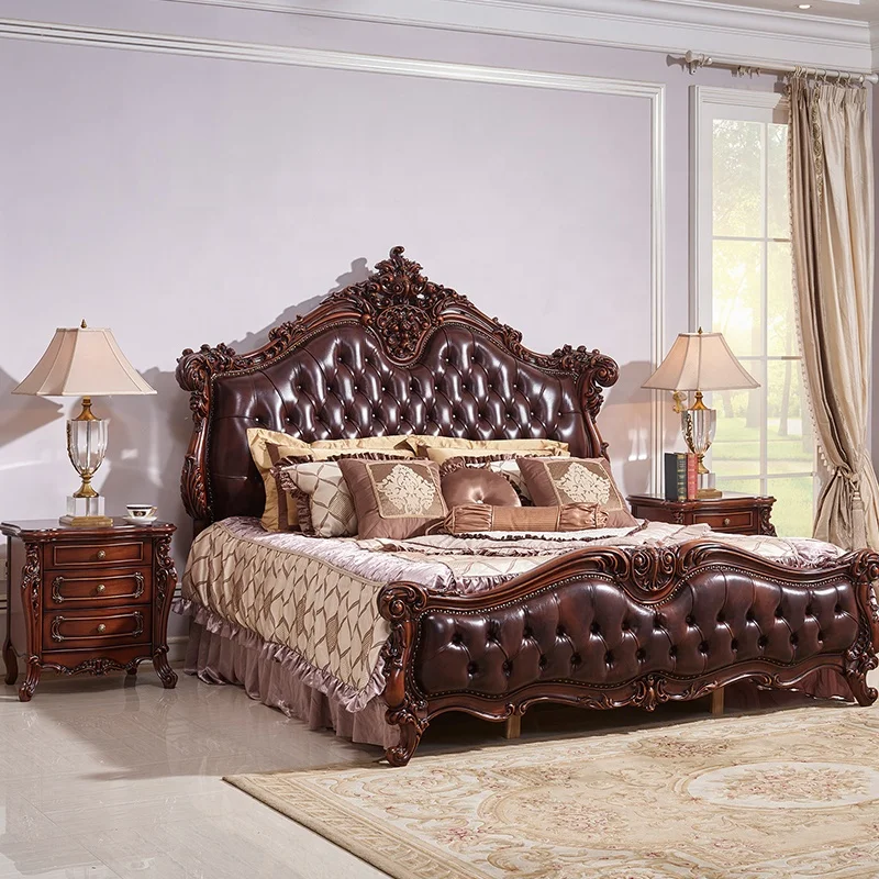 2019 European Royal Luxury Wooden Leather Carved Furniture Bed King Size