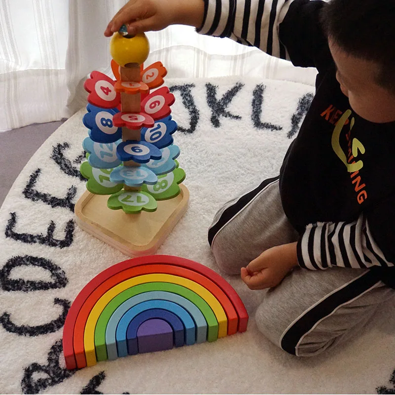 wooden Montessori Educational Stacking Bricks Toys Rainbow Building Blocks For Kids