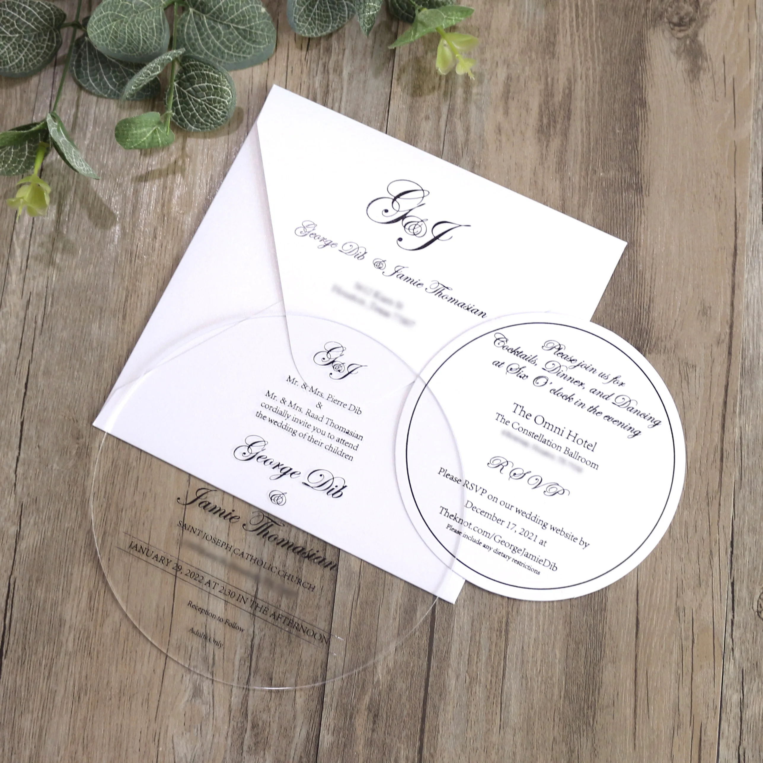 Acrylic DIY Wedding Invitation Set Round Clear Invitations White Envelope Black Foil Save Date Cards Anime Craft Music