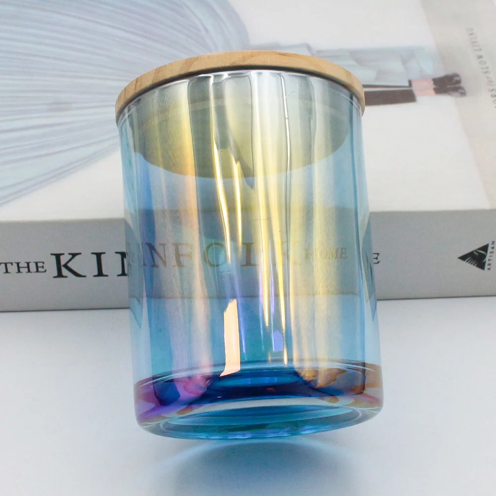 LANGXU glossy surface shinny spray ion holographic colored 10oz clear glass candle jars vessel with bamboo lid