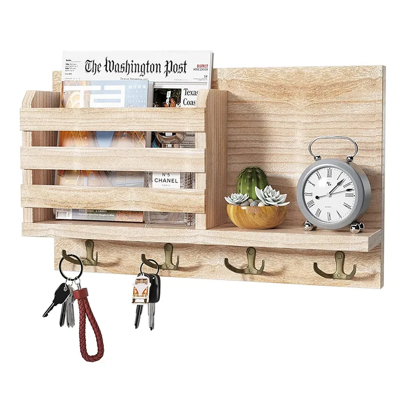 
Solid wood 4 hooks rustic mail and key holder for wall 
