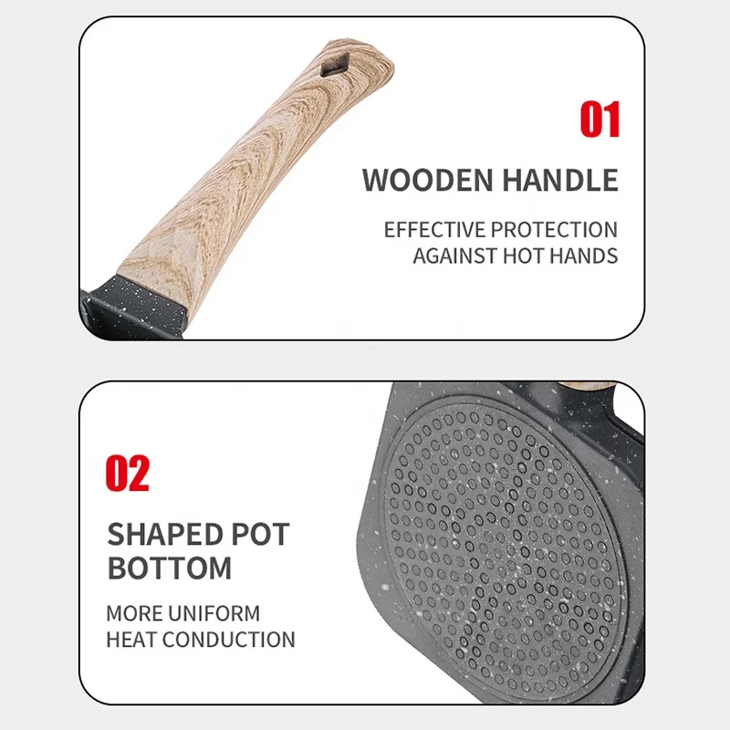 Hot Sale Grill Pan Kitchen 4 Hole Omelet Pan Non Stick Aluminum Frying Pan With Wooden Handle