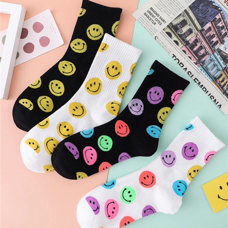 HY-1222 Korea style Cotton Socks Smiling Face Pattern Jacquard for Women Cartoon Casual Crew Knitted women socks