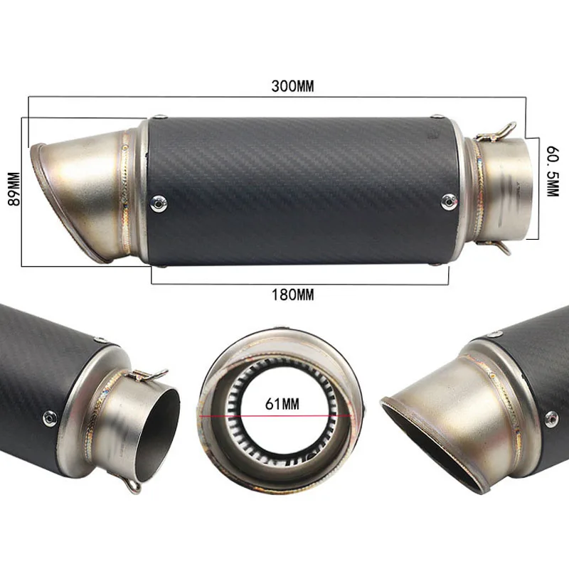 
60mm Inlet Motorcycle Exhaust Muffler Carbon Fiber Stainless Steel Pipe 