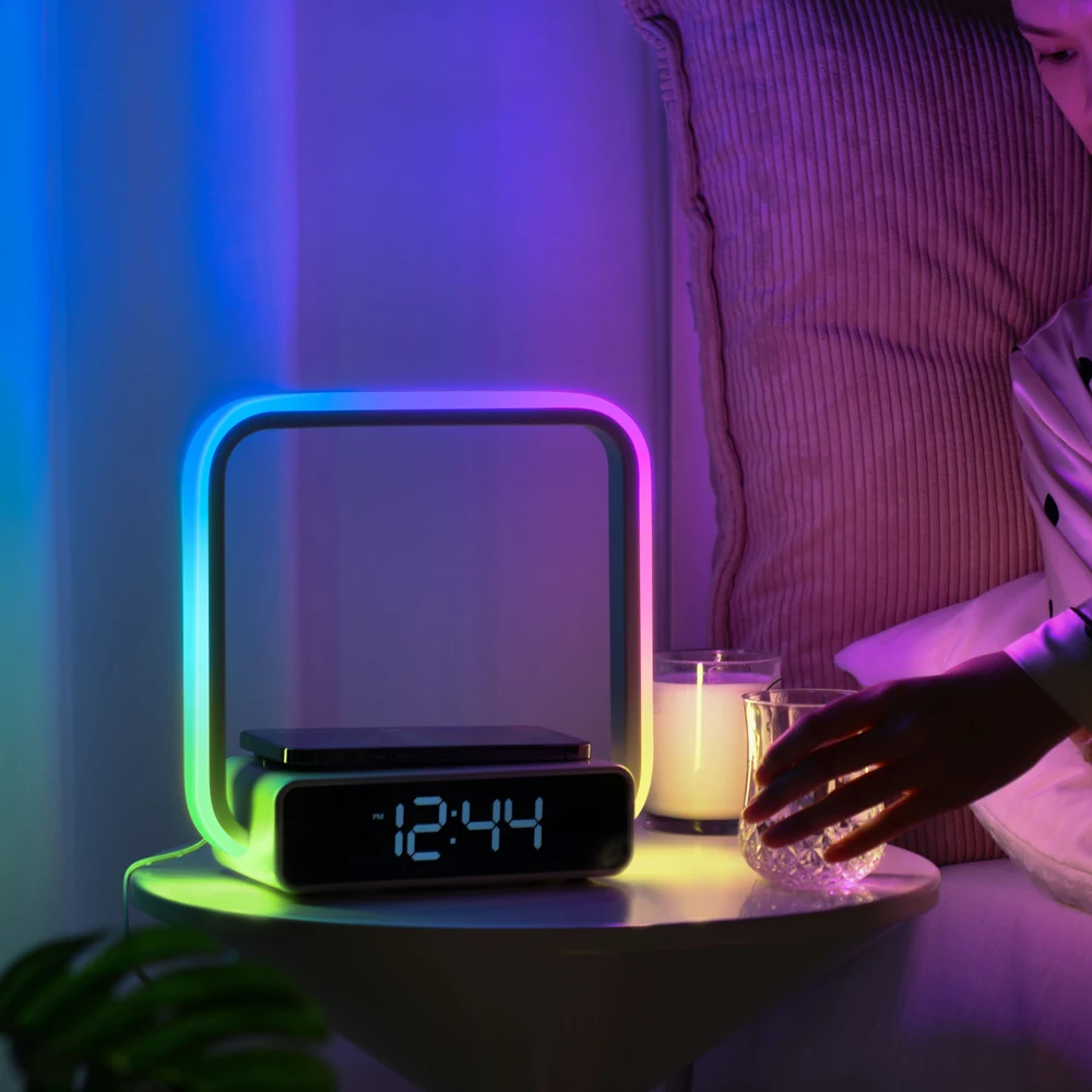 Touch sensor mood Light rgb atmosphere smart desk alarm clock wireless charger portable led night stand bedside table lamp