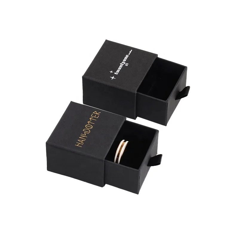 Custom logo black cardboard drawer ring box fashion accessories jewelry packaging ring box