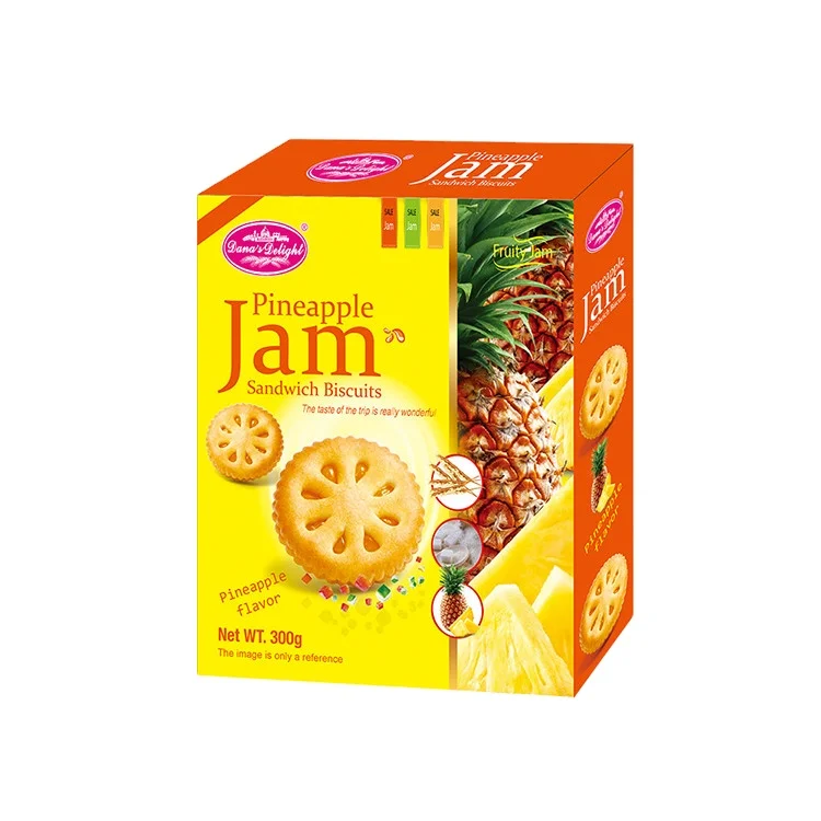 Wholesale Snack 300g sweet fruit jam sandwich biscuits High Quality Pineapple sandwich biscuits