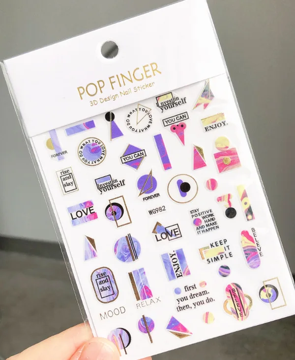 2024 New pop finger nail stickers abstract English letter nail polish stickers pink gold 3D colorful marble nail stickers