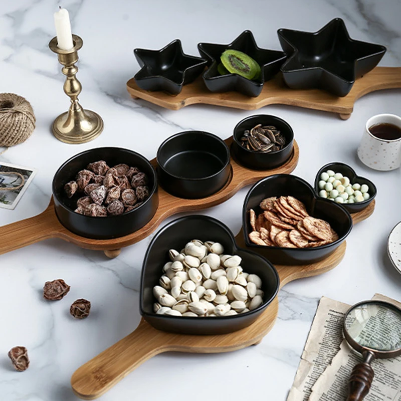 3 compartment dried fruit ceramic plate snack soy dipping sauce bowl dishes serving tray table decoration