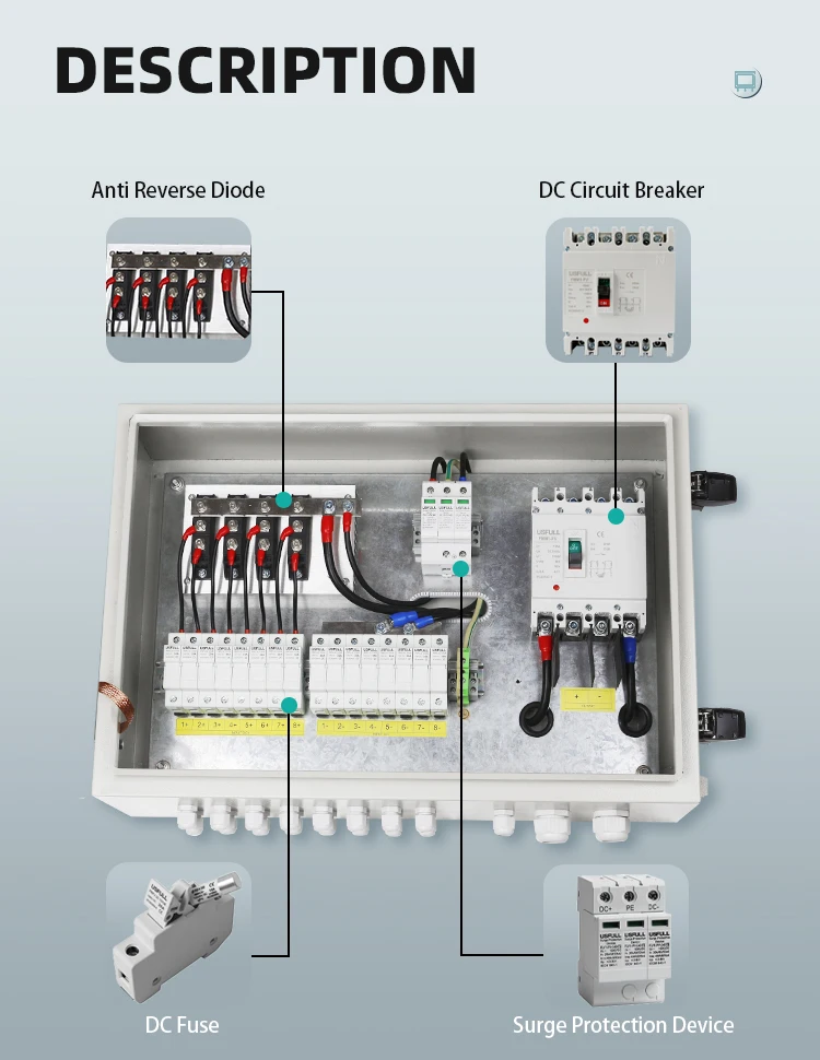 USFULL Top Quality DC 1000V 1500V 2 4 5 6 8 10 12 16 24 Ways String Solar PV Combiner Box 6 In 1 Out for Energy Storage System