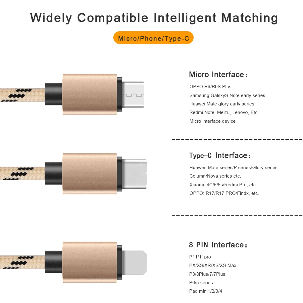 3 in 1 USB Cable IOS Android Smart Phone Travel Phone Cable 1200MM 2.4A Mobile Phone Fast Charging Braided Cable with Box