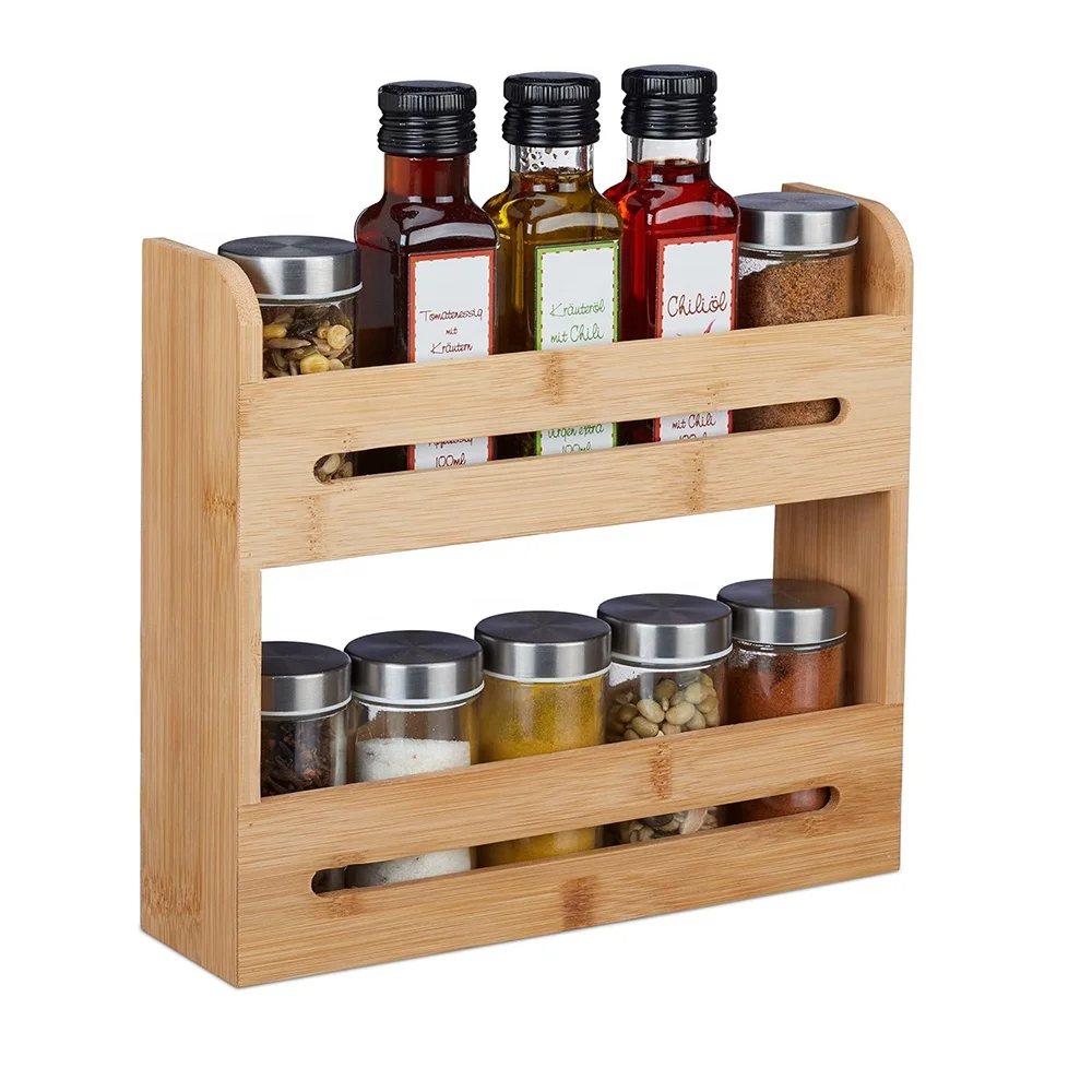 Wooden Kitchen Storage Shelf 2 Tier Bamboo Spice Rack Organizer Stand Tabletop Shelves for Kitchen