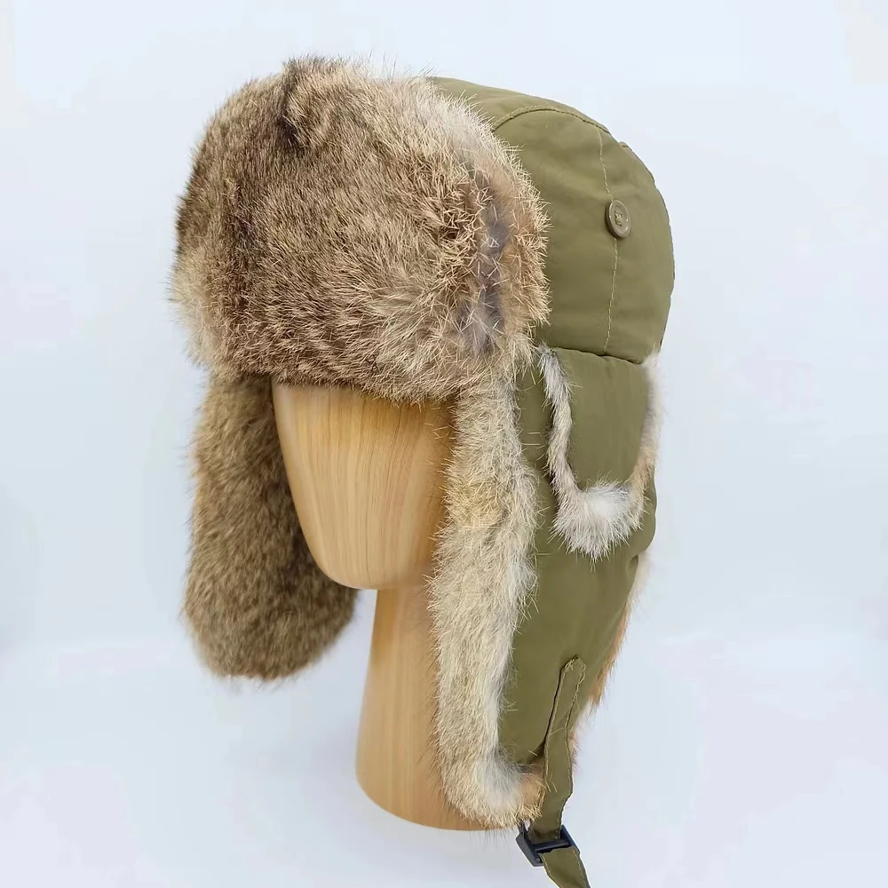 Fashion Waterproof Hunting Russian Unisex Men Plain fur Warm pure color Nylon Ear Flap Strap Winter Hat