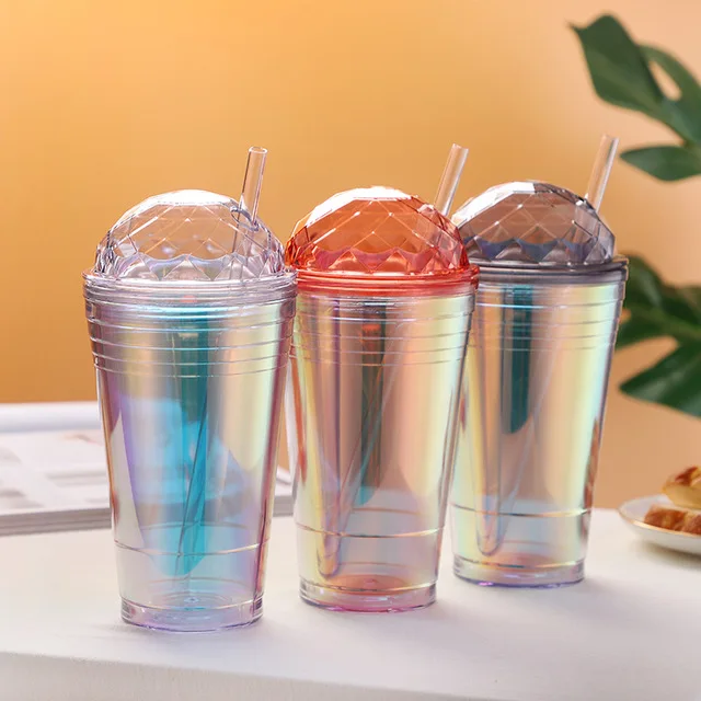 Creative Portable Large Capacity Couples Cute Ins Gradient Color Water Cup With Straws